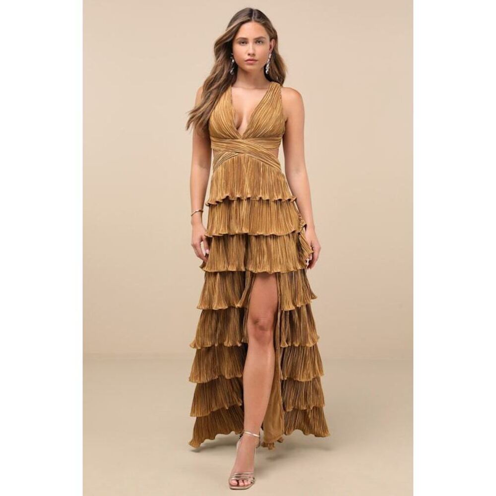 Lulus Beauty Icon Gold Satin Pleated Tiered Lace-up Maxi Dress - Size M